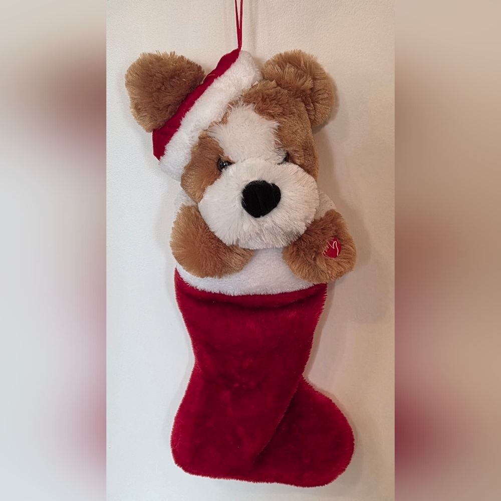 Animated Musical Dog Christmas Stocking Plush Brown White Pup Ears Wiggle